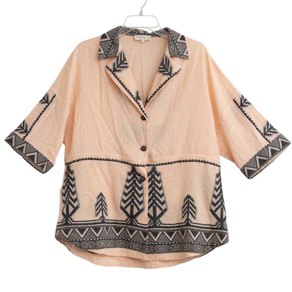 Nema Resort Wear‎ Top Sz S Geometric Embroidered Oversized Artsy Boho Lagenlook